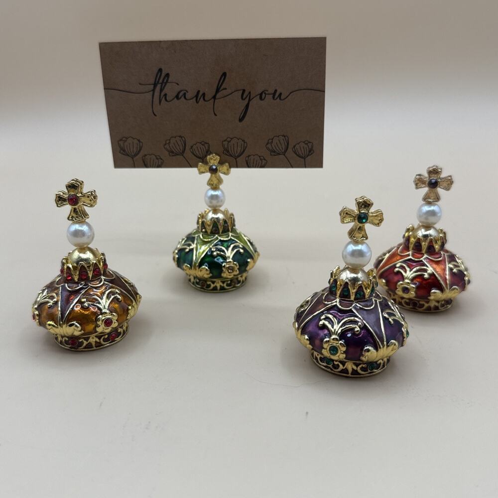 Bombay Company Royal Enamel Rhinestone Crown Card Holders Jeweled Cross Vintage